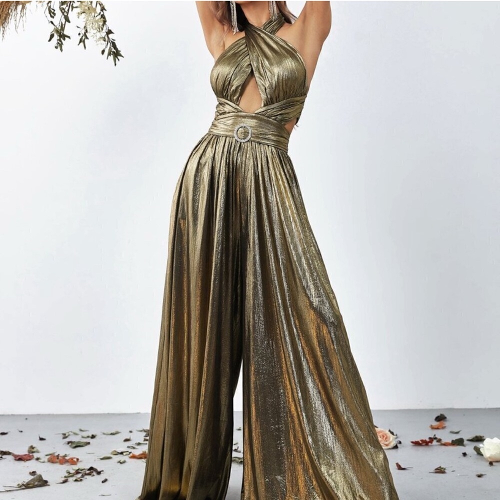 Bronze Women's Cross Wrap Front Backless Metallic Halter Wide Leg Jumpsuit